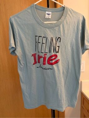 Feeling Irie Jamaica Graphic Tee - Light Blue with Red Print - Medium